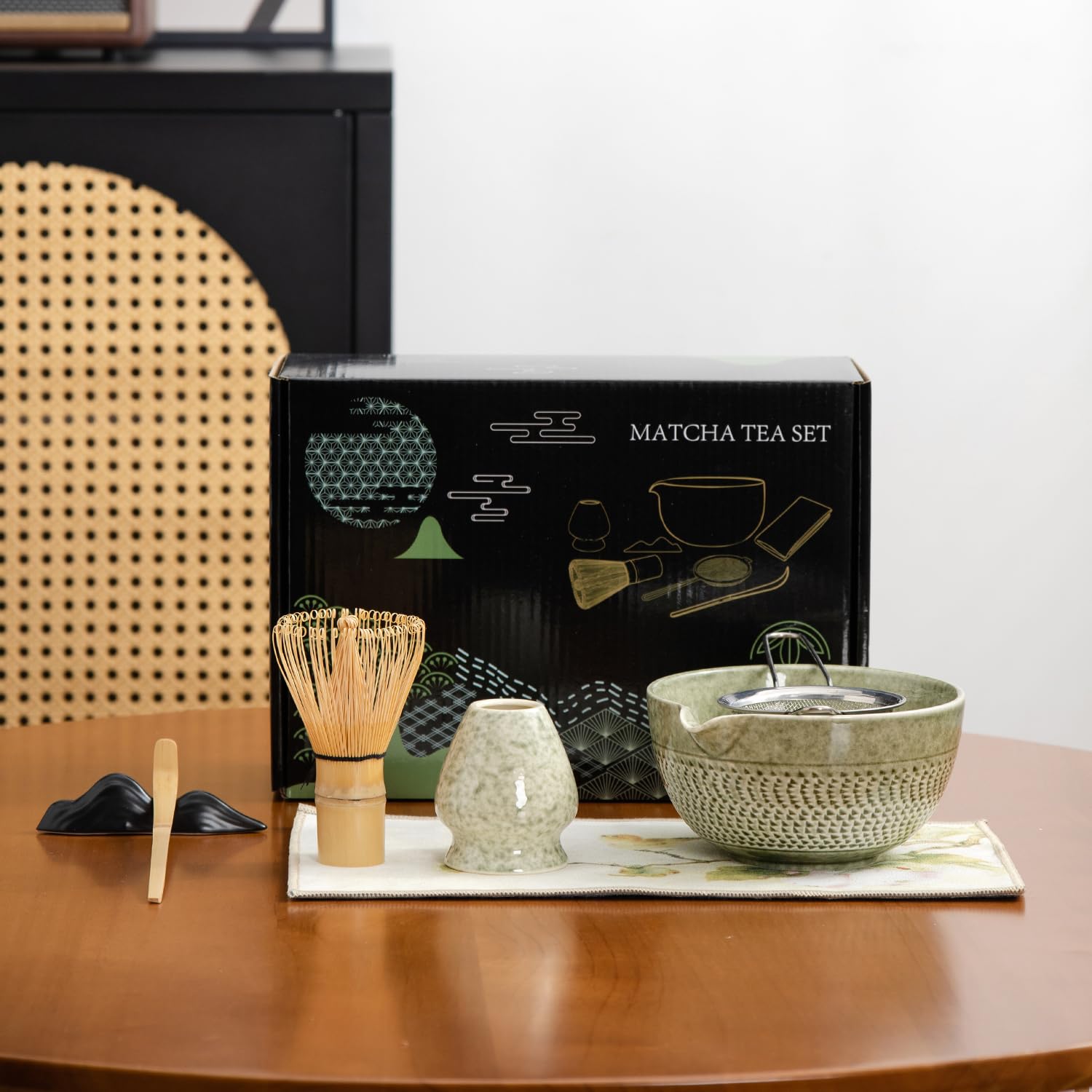 DWEHIXBUY Japanese Matcha Ceremony Accessory, Matcha Whisk, Traditional Scoop (Chashaku), Tea Spoon, Whisk Holder, 1 tea bowl, 1 tea siev, The Perfect Set to Prepare a Traditional Cup of Matcha.