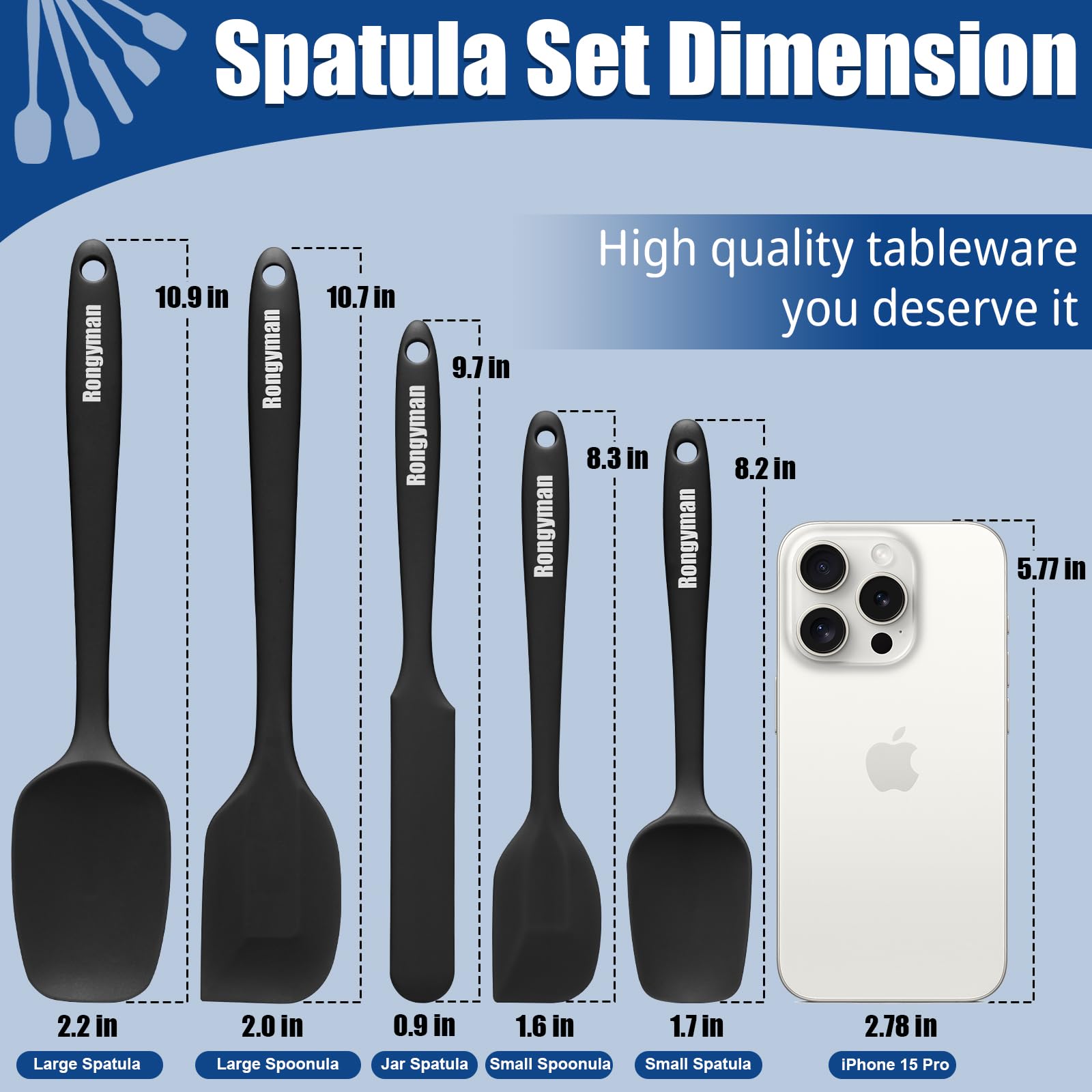 Rongyman Silicone Spatula Set of 5 Spatulas Silicone Heat Resistant 446°F Kitchen Spatulas for Baking, Cooking and Mixing,Non Stick Cookware Food Grade, BPA Free, Dishwasher Safe, Black