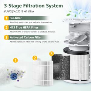 2 Pack PU-P05/AC201B True HEPA Replacement Filter Compatible with FULMINARE PU-P05 Air Purifiers and Purivortex AC201B Air Purifiers, H13 True HEPA Air Filter for Home Pets Dander Dust Smoke Pollen