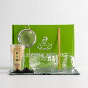 DWEHIXBUY Japanese Tea Set (7pcs) Matcha Whisk Set Matcha Bowl with Pouring Spout Bamboo Matcha Whisk (chasen) Scoop (chashaku) Matcha Whisk Holder Tea Making Kit. WHITE GLASS