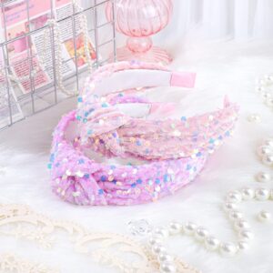 Lanmerry Sequin Knotted Headbands - Sparkly Pink Glitter Velvet Hair Accessories for Girls, Kids 2Pcs