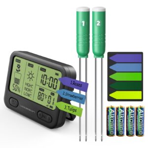 vodeson 4in1 plant soil moisture meter with 230ft rf wireless includes battery-waterproof & lcd display for moisture,temp,sunlight,time,ideal for garden, farm, lawn care-outdoor plant monitoring