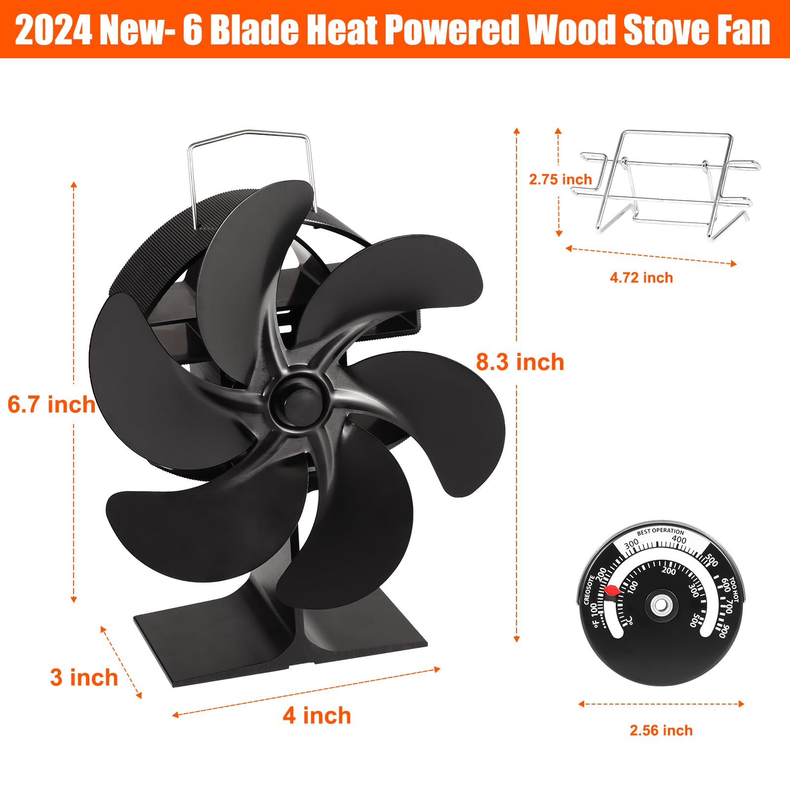 Heat Powered Wood Stove Fan, 6-Blade Wood Stove Fan for Wood Durning/Pellet/Log Burer Stoves,Thermometer, Christmas Gift,Camping Outdoor Indoor.