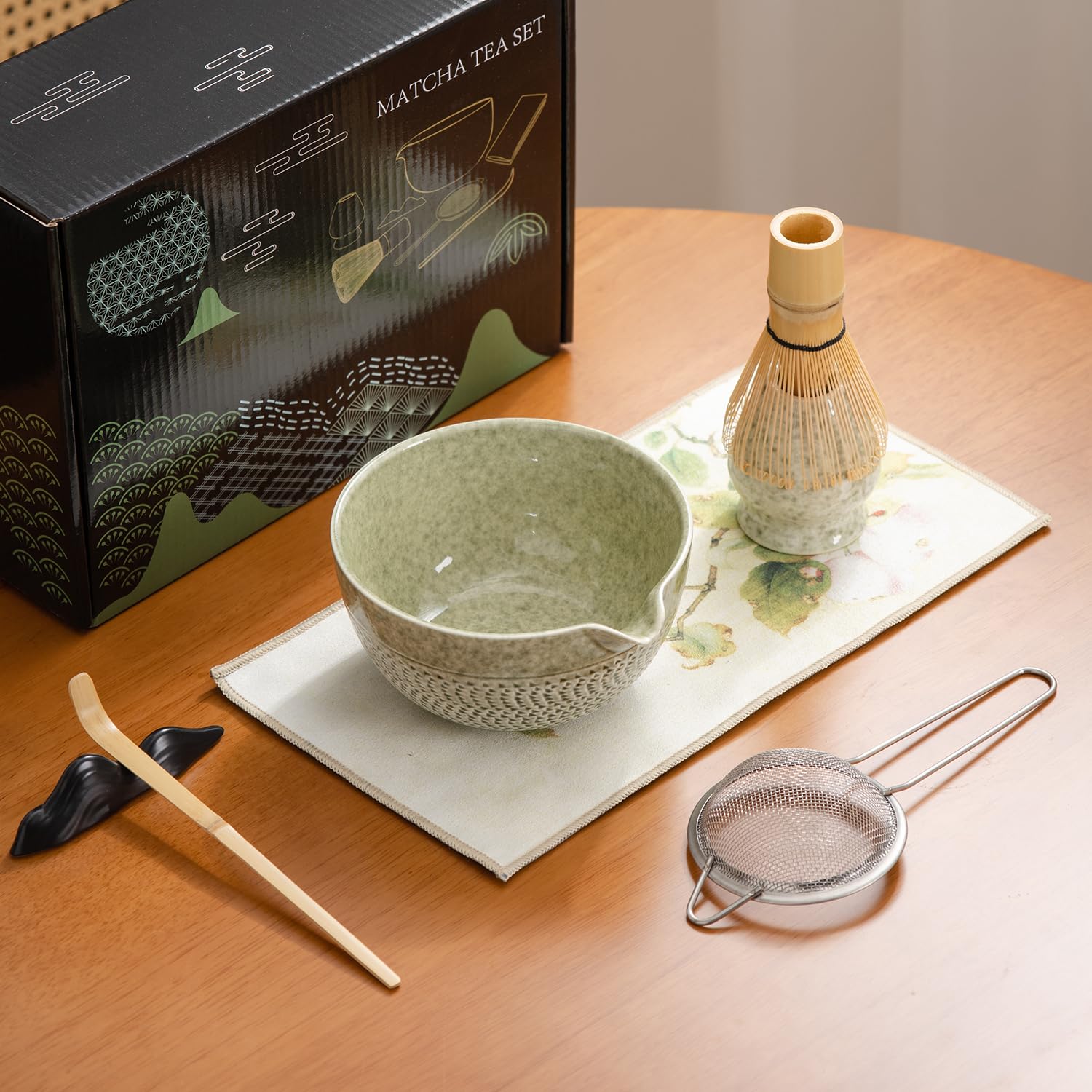 DWEHIXBUY Japanese Matcha Ceremony Accessory, Matcha Whisk, Traditional Scoop (Chashaku), Tea Spoon, Whisk Holder, 1 tea bowl, 1 tea siev, The Perfect Set to Prepare a Traditional Cup of Matcha.