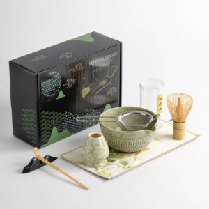 DWEHIXBUY Japanese Matcha Ceremony Accessory, Matcha Whisk, Traditional Scoop (Chashaku), Tea Spoon, Whisk Holder, 1 tea bowl, 1 tea siev, The Perfect Set to Prepare a Traditional Cup of Matcha.