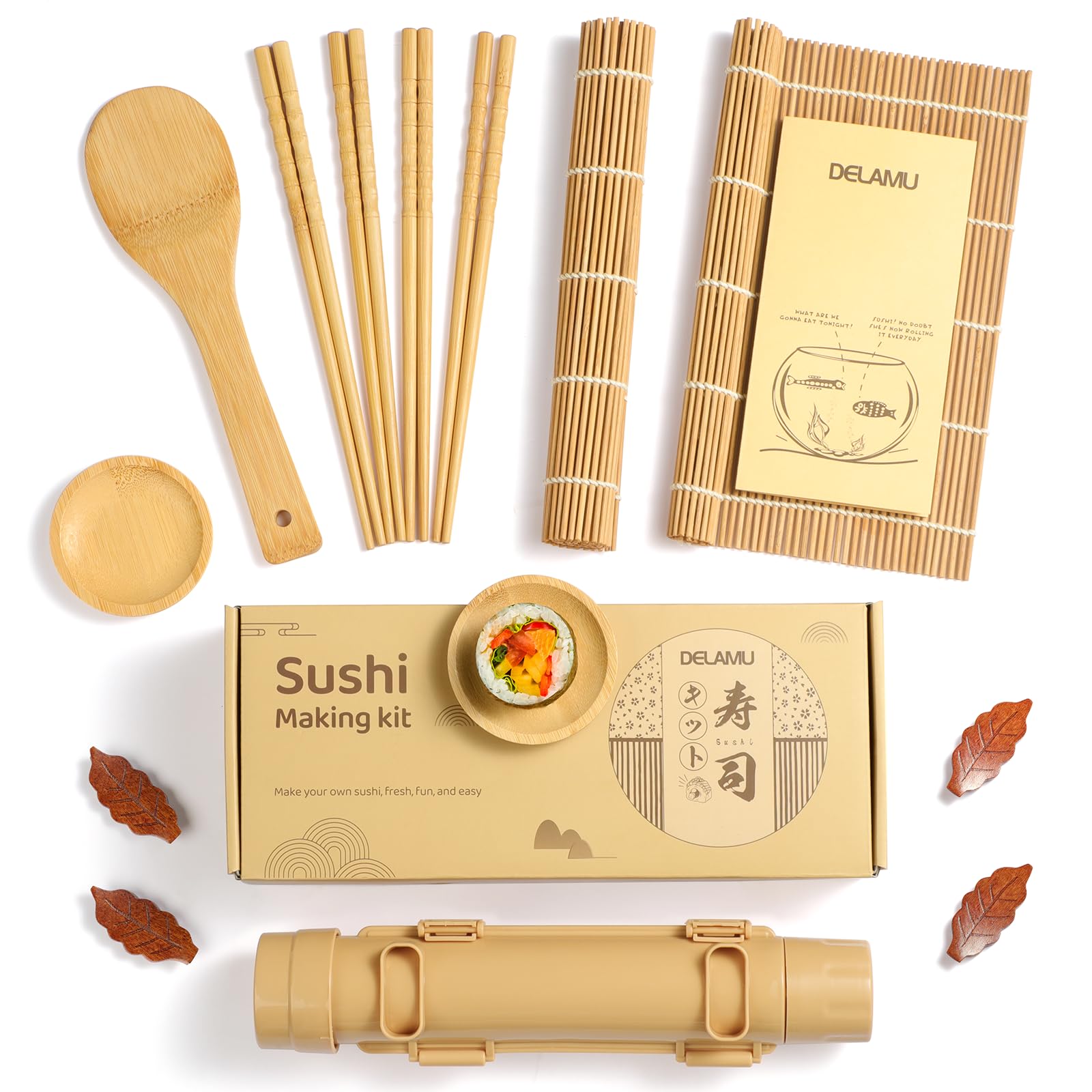 Delamu Sushi Making Kit, [Easy] Sushi Kit for Beginners/Pros Sushi Makers, Practical Bamboo Sushi Mats, Sushi Bazooka, Chopsticks, Guide & More