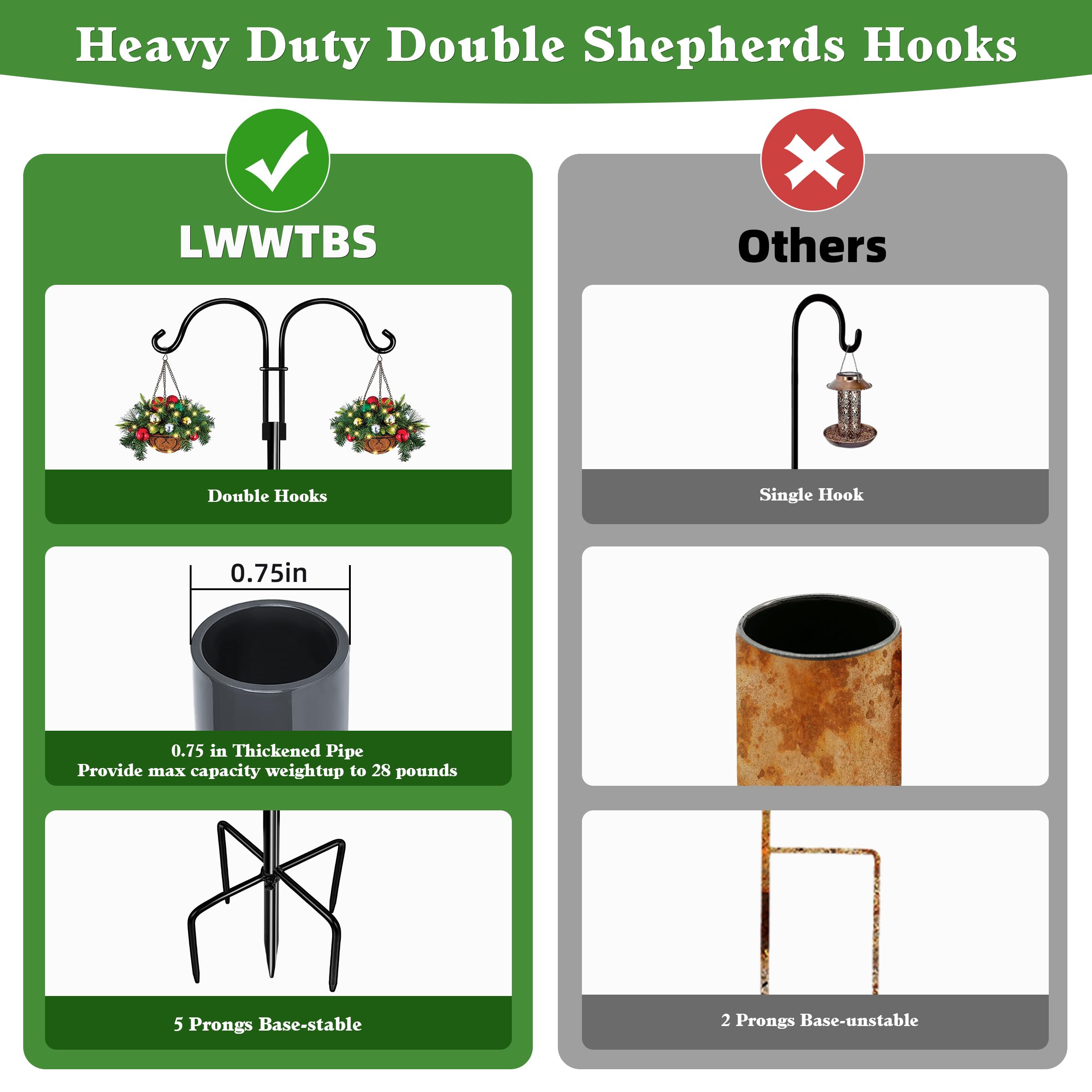 LWWTBS Double Shepherds Hooks for Outdoor (1Pack,76 inch) Heavy Duty Adjustable Bird Feeder Pole Garden Decor Shepherds Hook for Hanging Bird Feeder, Plant Baskets, Hummingbird Feeder for Outside