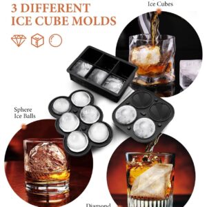 Dclobtop Ice Cube Trays and Ice Molds, Silicone Ice Cube Molds for Freezer with Lid, Diamond & Sphere Ice Ball Maker & Square Ice Cube Maker for Whiskey, Cocktails and Homemade, Reusable