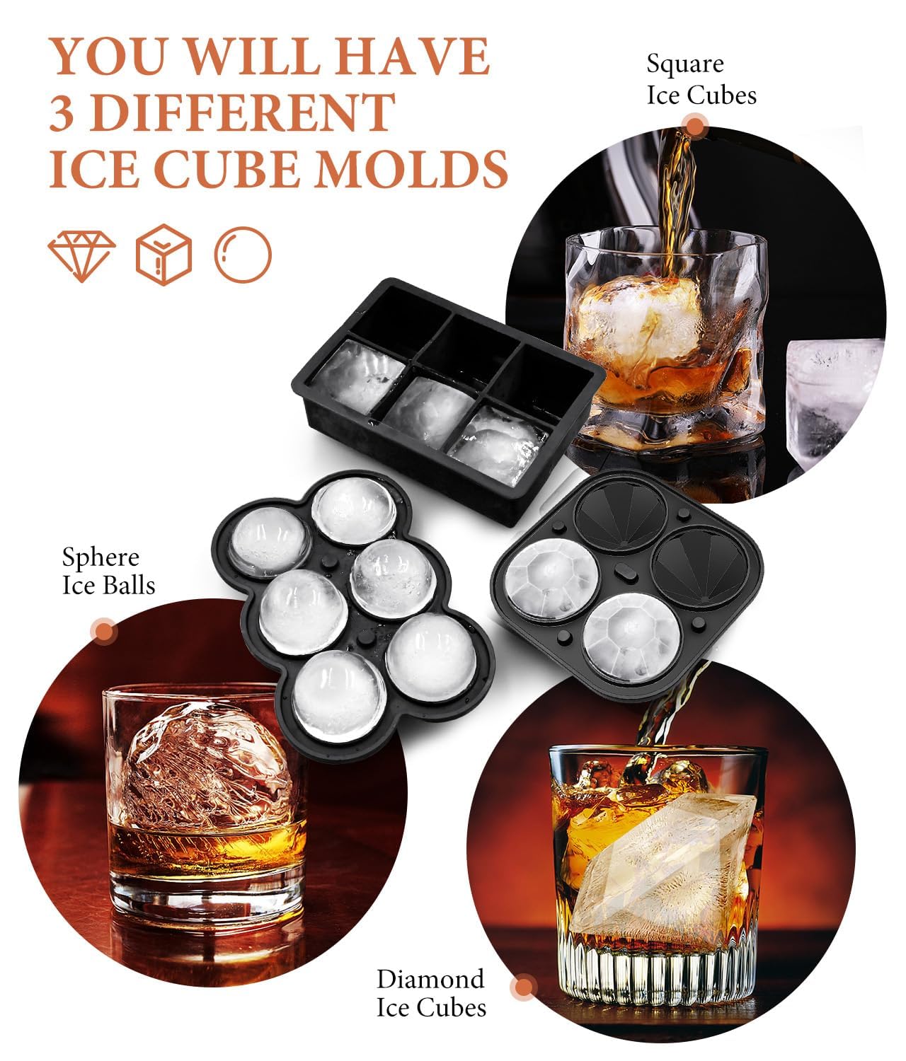 Dclobtop Ice Cube Trays and Ice Molds, Silicone Ice Cube Molds for Freezer with Lid, Diamond & Sphere Ice Ball Maker & Square Ice Cube Maker for Whiskey, Cocktails and Homemade, Reusable