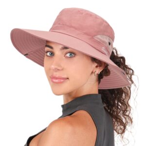 Womens Summer Sun Hat Beach Hat Wide Brim Outdoor UV Protection Hat Packable Mesh Bucket Hat with Ponytail Hole