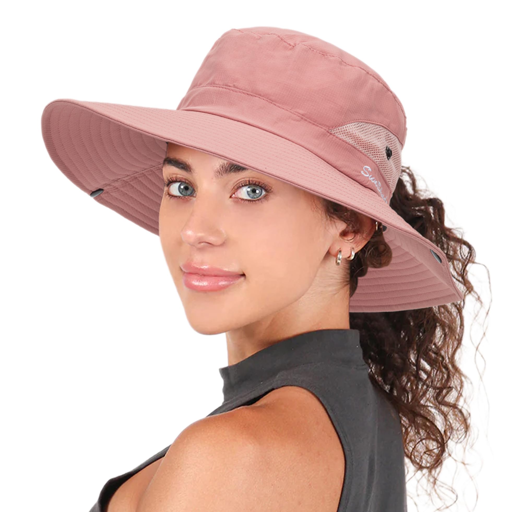 Womens Summer Sun Hat Beach Hat Wide Brim Outdoor UV Protection Hat Packable Mesh Bucket Hat with Ponytail Hole