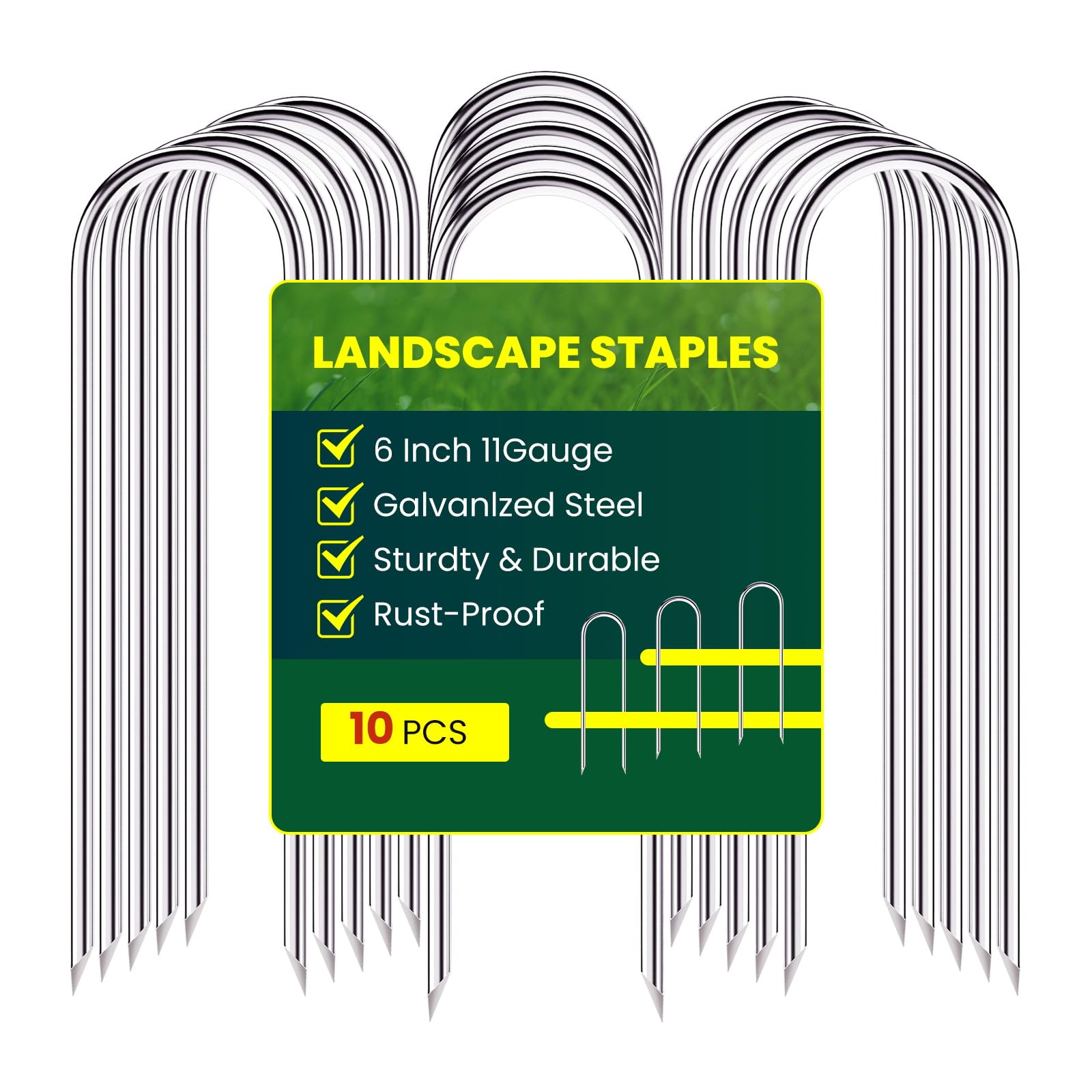 Garden Stakes 6 inches, U-Shaped Tent Stakes, Galvanized Landscape Staples, Ground Stakes for Landscaping Securing Weed Barrier Fabric, Irrigation Tubing and Holding Fencey (10pcs)