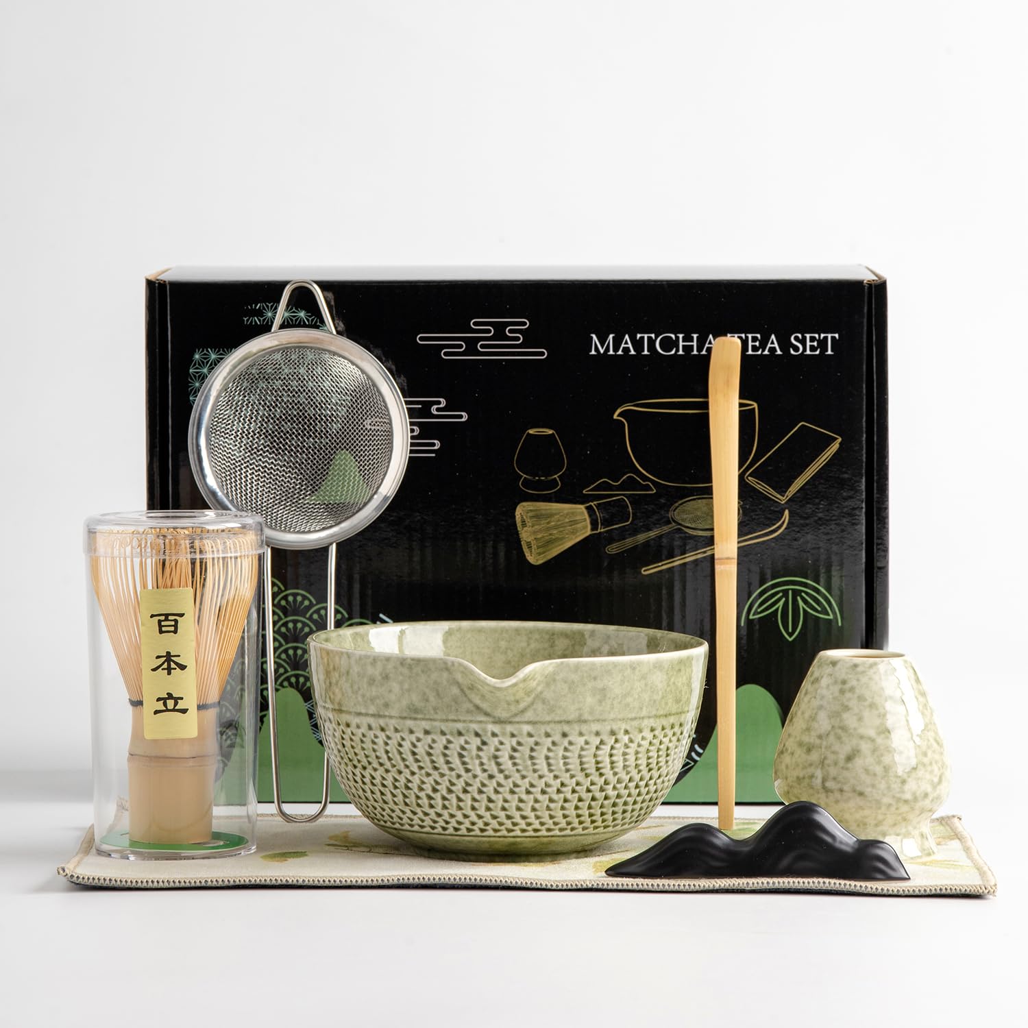 DWEHIXBUY Japanese Matcha Ceremony Accessory, Matcha Whisk, Traditional Scoop (Chashaku), Tea Spoon, Whisk Holder, 1 tea bowl, 1 tea siev, The Perfect Set to Prepare a Traditional Cup of Matcha.