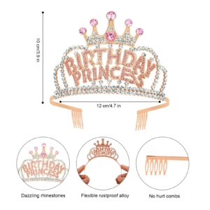 Wecoe Rose Gold Birthday Princess Crown with Combs Birthday Rhinestone Tiara Headband Happy Birthday Party Favors Decorations 16th 18th 21st 25th Birthday Gifts for Her