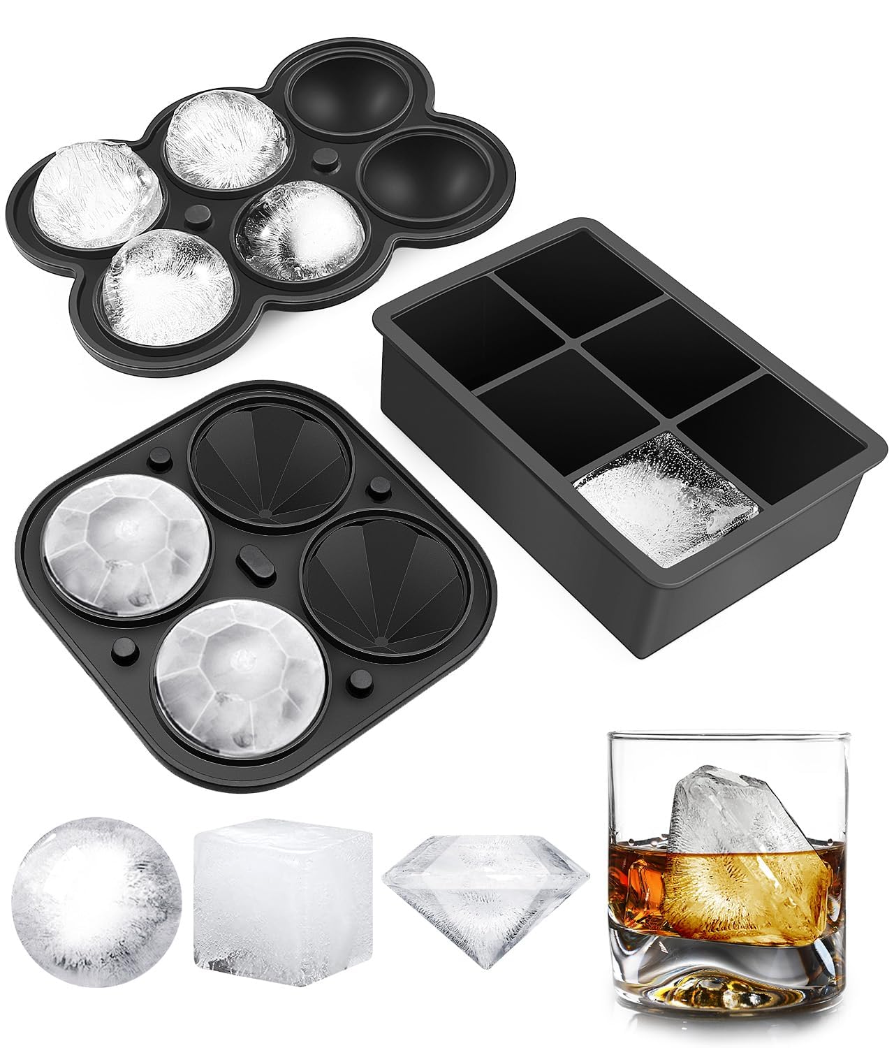 Dclobtop Ice Cube Trays and Ice Molds, Silicone Ice Cube Molds for Freezer with Lid, Diamond & Sphere Ice Ball Maker & Square Ice Cube Maker for Whiskey, Cocktails and Homemade, Reusable