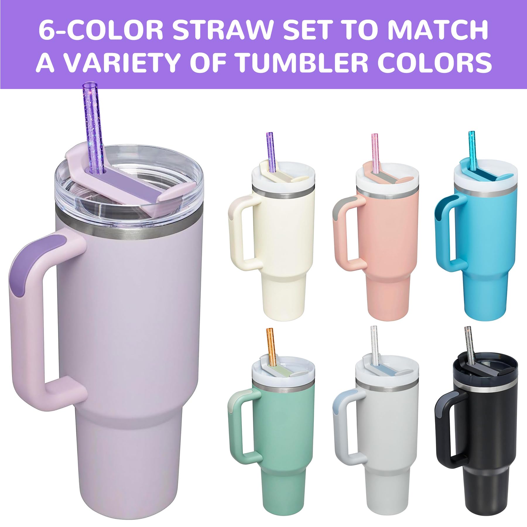 NiHome 40oz Straws, 12 Pack Glitter Plastic Replacement Straws for Stanley 40 oz Tumbler, 0.32’’ Diameter Reusable Straws 12’’ Long with 2 Brushes - Durable PETG, BPA-Free, w/Laser-Induced Sparkle