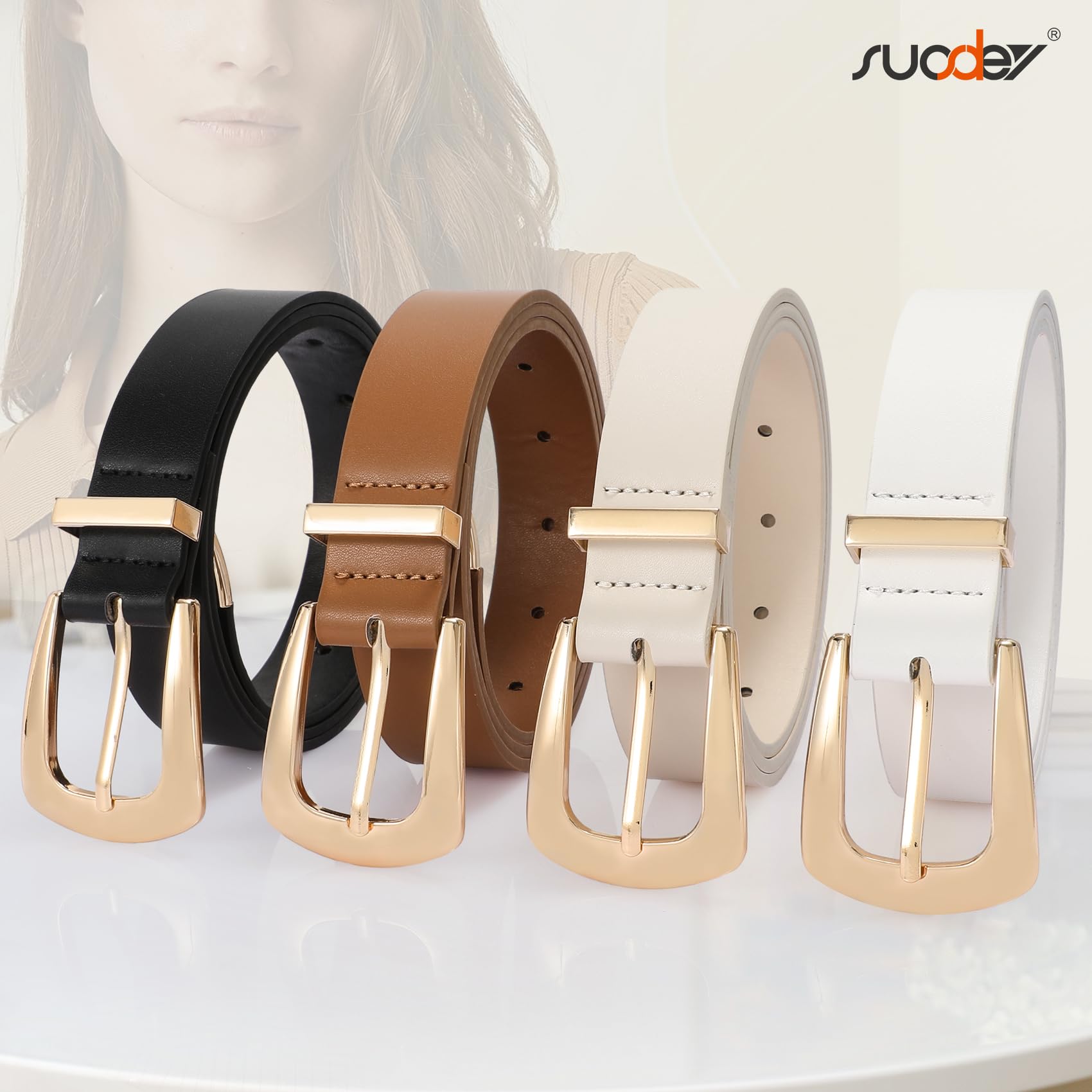 SUOSDEY Women's Leather Belts Vintage Western Belt Metal Tailed Faux Leather Ladies Belts for Jeans Pants white