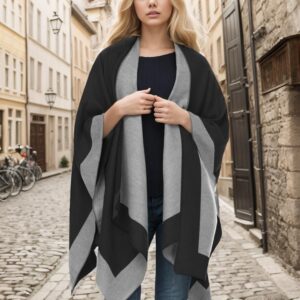 OWIF Women's Shawl Wraps Open Front Poncho Cape Oversized Sweaters Casual Cardigan Shawls for Fall Winter, Border Design-01-Black Gray