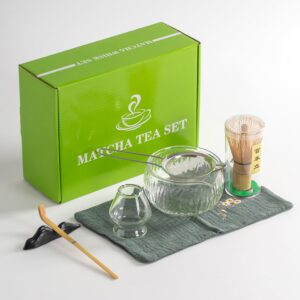 dwehixbuy japanese tea set (7pcs) matcha whisk set matcha bowl with pouring spout bamboo matcha whisk (chasen) scoop (chashaku) matcha whisk holder tea making kit. white glass