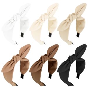 jaciya 6 pieces knotted bow headbands for women wide black headbands for girls hair accessories knot headband with bow(black/brown/khaki/white)