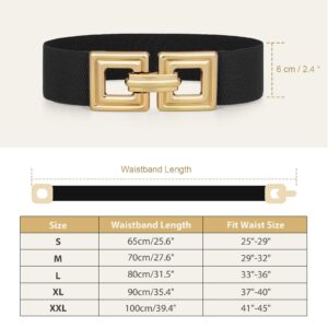 WHIPPY Women Wide Elastic Waist Belt Fashion Hollow Out Square Gold Buckle Stretchy Belt Waistband for Ladies, Black, XL