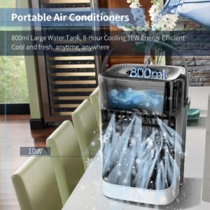 Soanufa Portable Air Conditioners 800ml Water Tank 7-Color Night Light 3-Speeds 3-Level Humidify 2-8H Timer Quiet and Powerful USB Powered Mini Evaporative Air Cooler for Room Car Bedroom Desk