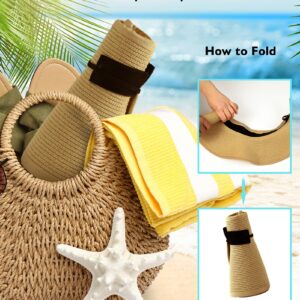 Straw Sun Visor Hats for Women, Pakcable Roll-Up Wide Brim Ponytail Summer Beach Hat, Straw Hats for Women UV Protection, Beach Hats for Women for Girls Holiday Summer Vacation Travel (Dark Coffee)