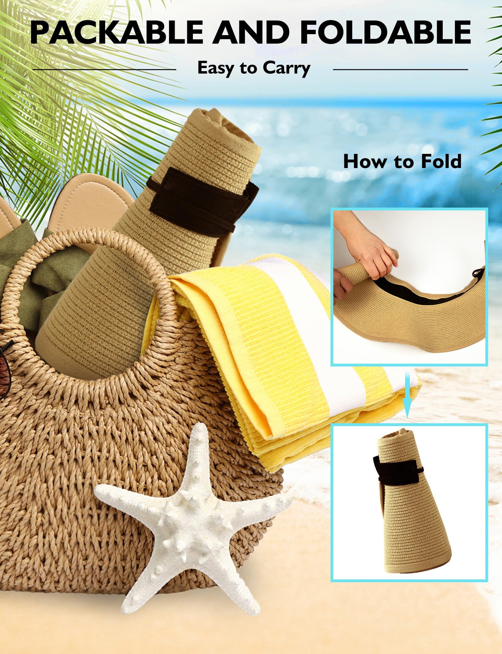 Straw Sun Visor Hats for Women, Pakcable Roll-Up Wide Brim Ponytail Summer Beach Hat, Straw Hats for Women UV Protection, Beach Hats for Women for Girls Holiday Summer Vacation Travel (Dark Coffee)