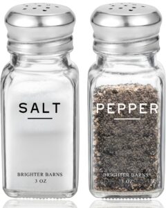 glass salt and pepper shakers set by brighter barns - modern kitchen decor, dining table countertop accessory - rustic, farmhouse, vintage glass shakers with stainless steel lids for home, restaurant