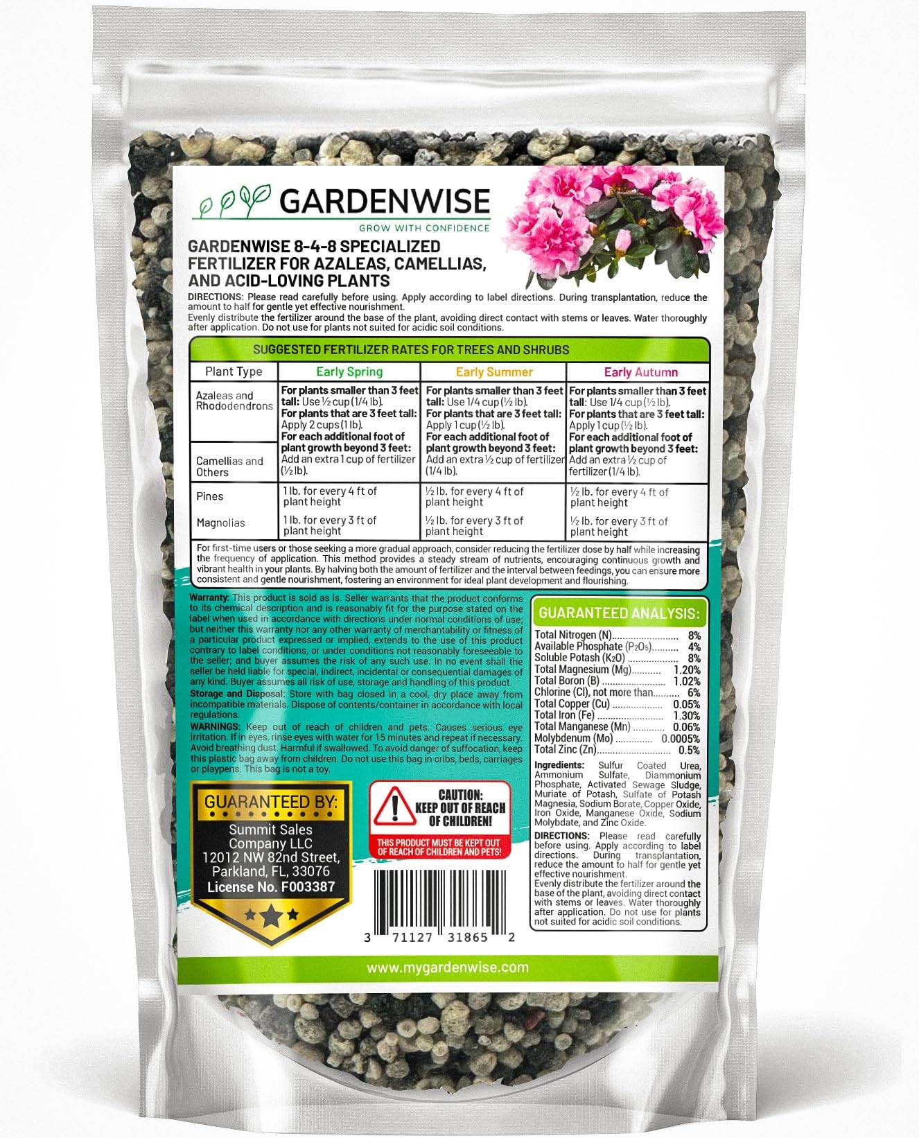 GARDENWISE 8-4-8 Acidic Fertilizer for Azaleas, Camellias (Camelia), Hydrangeas, Blueberries, Gardenias, Magnolia Trees, Evergreens, and Rhododendrons - Ideal Iron-Rich Plant Food (12 OZ)