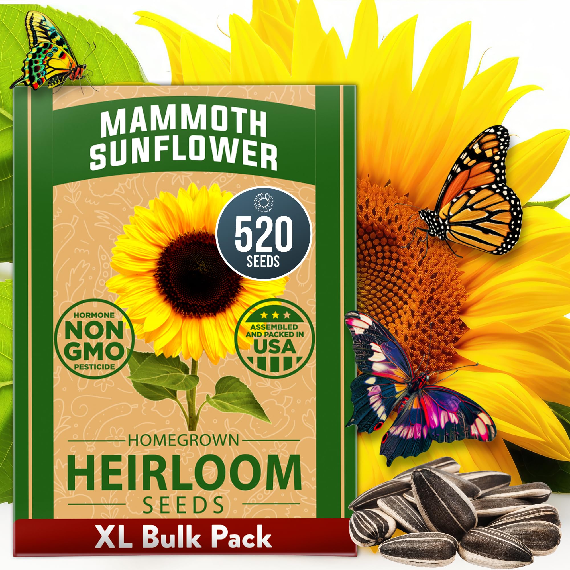 HOME GROWN Sunflower Seeds to Plant | 520+ Giant Mammoth Sunflower Seeds for Planting Bulk Packet | Heirloom, High Germination, Easy to Grow Jumbo Sun Flower Seeds for Home Garden