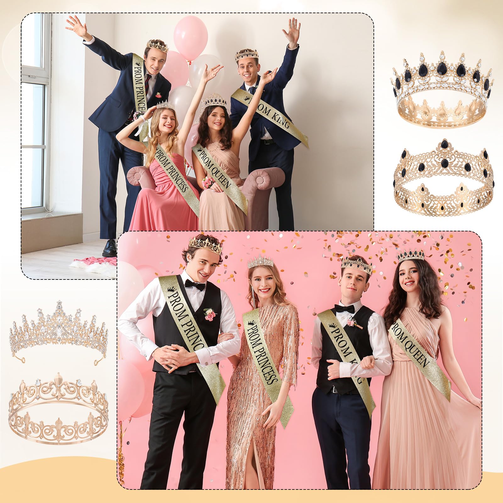 Saintrygo 16 Pcs Halloween Costume Prom King and Queen Crown Tiara Homecoming Prince Princess Prom Court Sash Favors Cosplay(Black,Exquisite Styles)