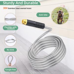 Metal Garden Hose 100ft, Yumatum 304 Stainless Steel Water Hose With 2 Hose Extension Adapter, 2-Ways Hose Splitter and 10-Function Nozzle, 3/4'' Fittings, No Tangle & Kink for Outdoor