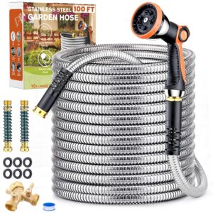 metal garden hose 100ft, yumatum 304 stainless steel water hose with 2 hose extension adapter, 2-ways hose splitter and 10-function nozzle, 3/4'' fittings, no tangle & kink for outdoor