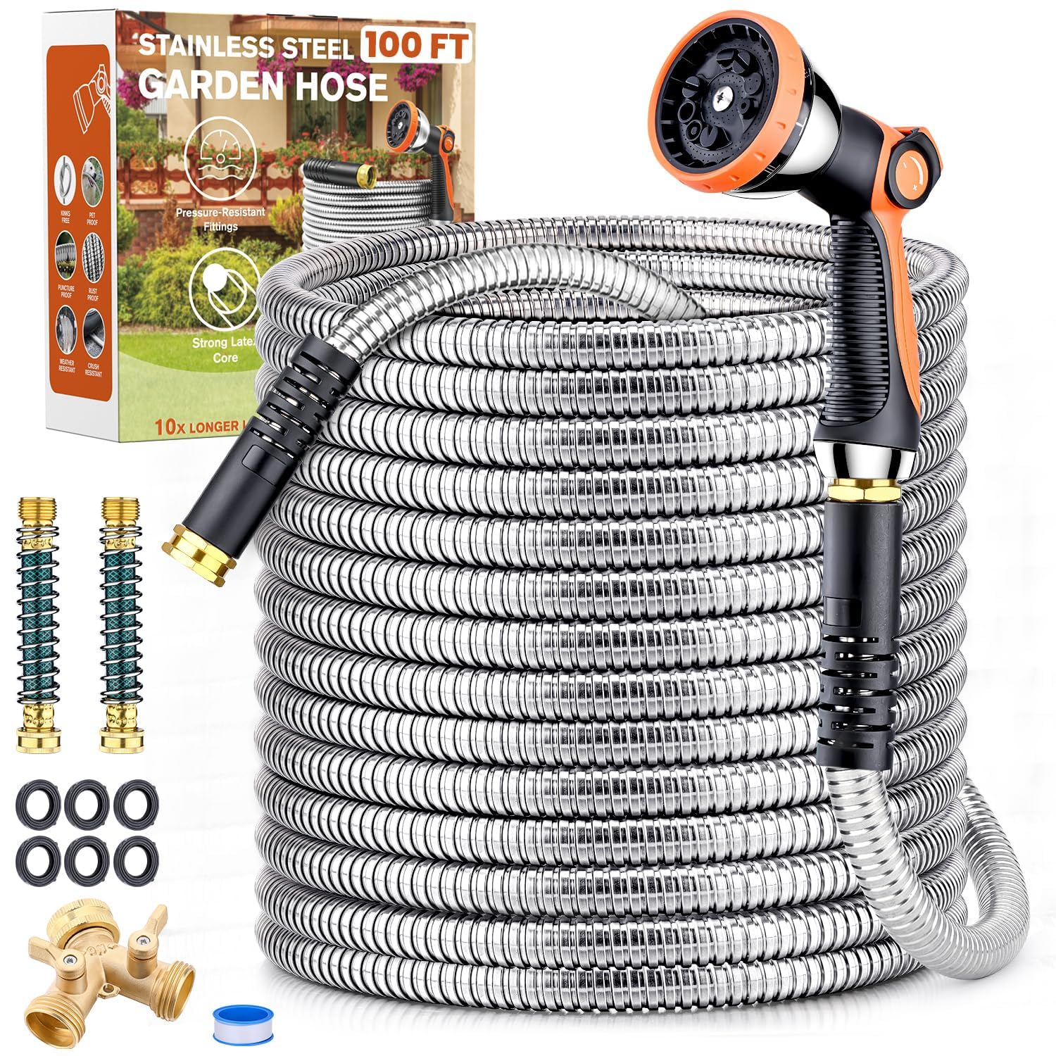 Metal Garden Hose 100ft, Yumatum 304 Stainless Steel Water Hose With 2 Hose Extension Adapter, 2-Ways Hose Splitter and 10-Function Nozzle, 3/4'' Fittings, No Tangle & Kink for Outdoor