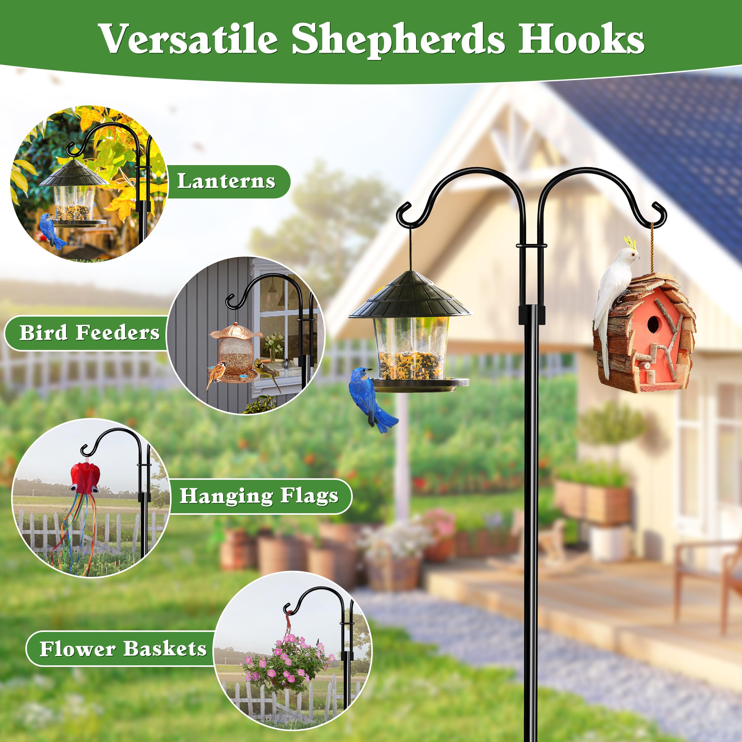 LWWTBS Double Shepherds Hooks for Outdoor (1Pack,76 inch) Heavy Duty Adjustable Bird Feeder Pole Garden Decor Shepherds Hook for Hanging Bird Feeder, Plant Baskets, Hummingbird Feeder for Outside