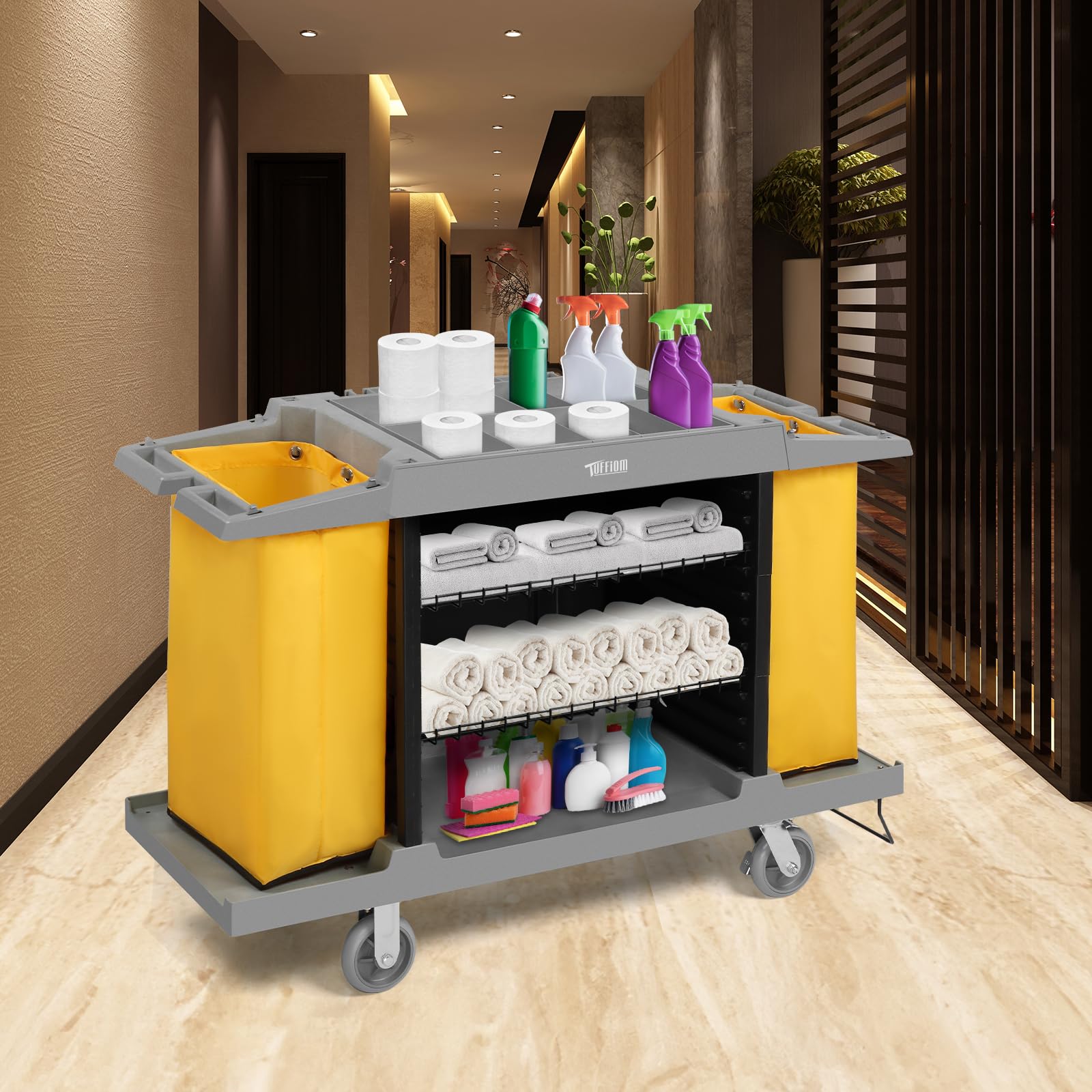 TUFFIOM Industrial Multifunctional Hotel Cart,Commercial Traditional Cleaning Janitorial Room Service Housekeeping Cart, 39" H x 58" W x 21" D