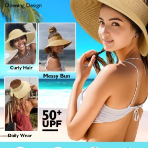 Straw Sun Visor Hats for Women, Pakcable Roll-Up Wide Brim Ponytail Summer Beach Hat, Straw Hats for Women UV Protection, Beach Hats for Women for Girls Holiday Summer Vacation Travel (Dark Coffee)