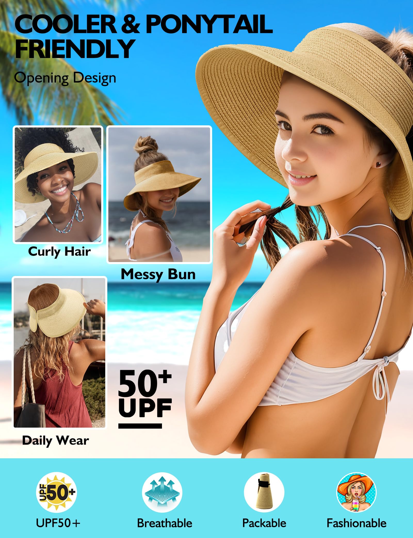 Straw Sun Visor Hats for Women, Pakcable Roll-Up Wide Brim Ponytail Summer Beach Hat, Straw Hats for Women UV Protection, Beach Hats for Women for Girls Holiday Summer Vacation Travel (Dark Coffee)