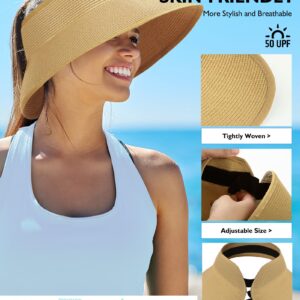 Straw Sun Visor Hats for Women, Pakcable Roll-Up Wide Brim Ponytail Summer Beach Hat, Straw Hats for Women UV Protection, Beach Hats for Women for Girls Holiday Summer Vacation Travel (Dark Coffee)