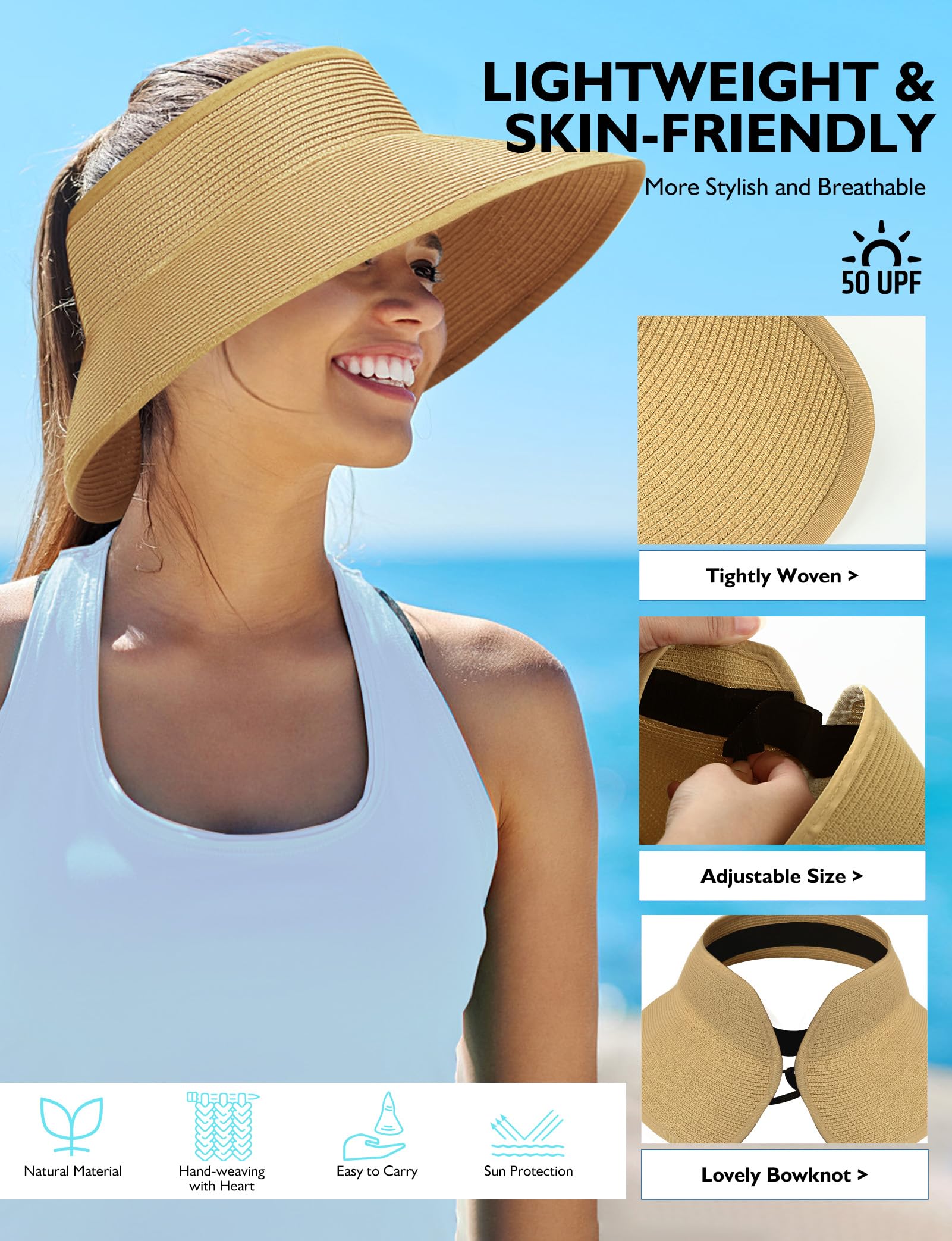 Straw Sun Visor Hats for Women, Pakcable Roll-Up Wide Brim Ponytail Summer Beach Hat, Straw Hats for Women UV Protection, Beach Hats for Women for Girls Holiday Summer Vacation Travel (Dark Coffee)