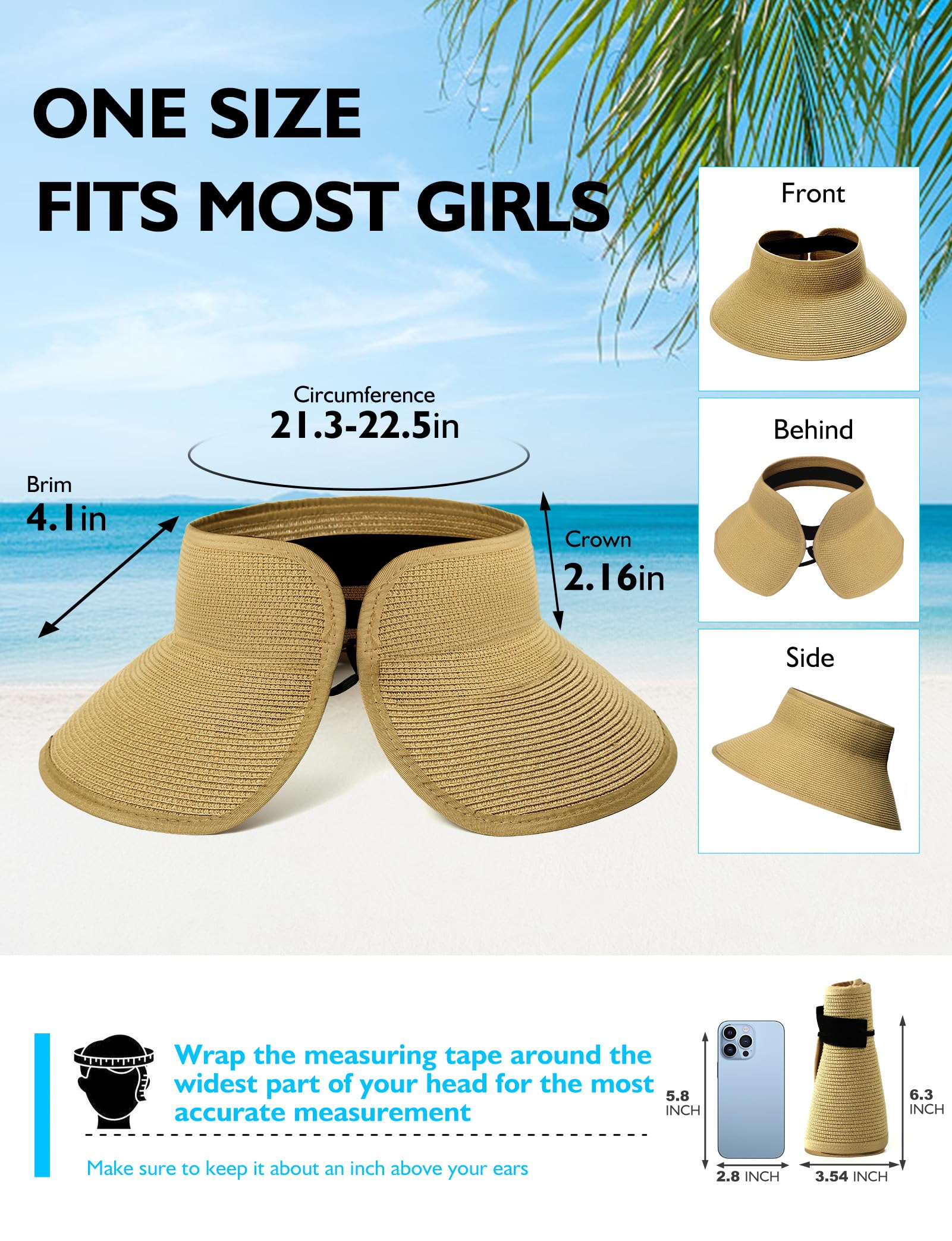 Straw Sun Visor Hats for Women, Pakcable Roll-Up Wide Brim Ponytail Summer Beach Hat, Straw Hats for Women UV Protection, Beach Hats for Women for Girls Holiday Summer Vacation Travel (Dark Coffee)