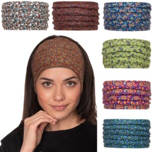 cobahom 6pcs wide headbands for women non slip soft fabric hair wrap boho head bands elastic sport hair bands for workout yoga running (butterfly pattern)