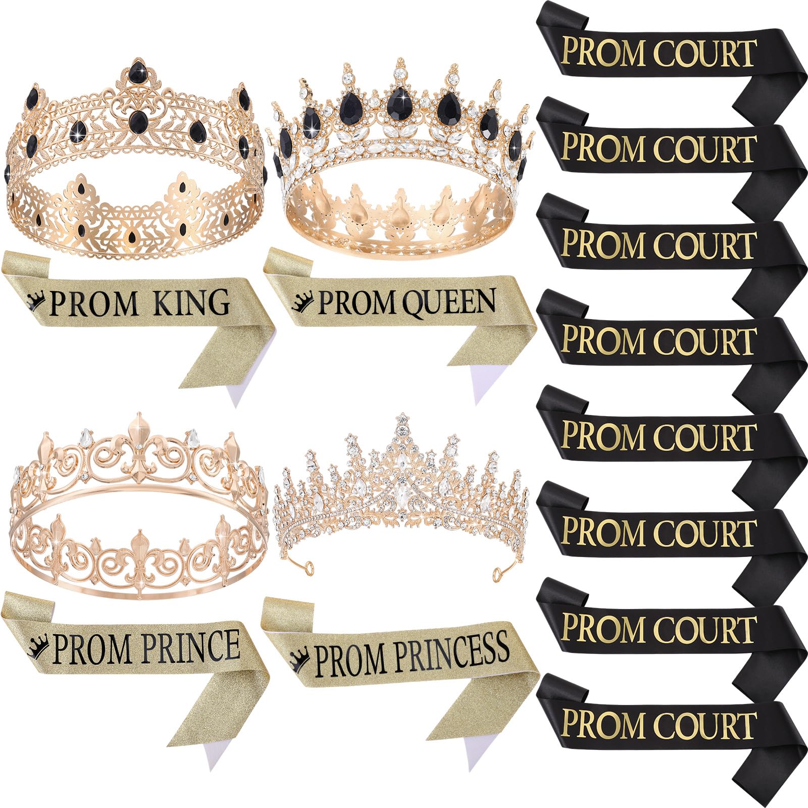 Saintrygo 16 Pcs Halloween Costume Prom King and Queen Crown Tiara Homecoming Prince Princess Prom Court Sash Favors Cosplay(Black,Exquisite Styles)