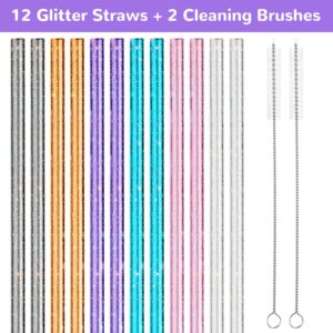 NiHome 40oz Straws, 12 Pack Glitter Plastic Replacement Straws for Stanley 40 oz Tumbler, 0.32’’ Diameter Reusable Straws 12’’ Long with 2 Brushes - Durable PETG, BPA-Free, w/Laser-Induced Sparkle