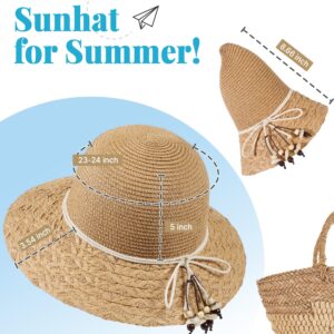 Beach Hats for Women, Beach Hat Womens UPF 50+, Straw Hat for Women Sun Hat Foldable Roll up Cap Khaki