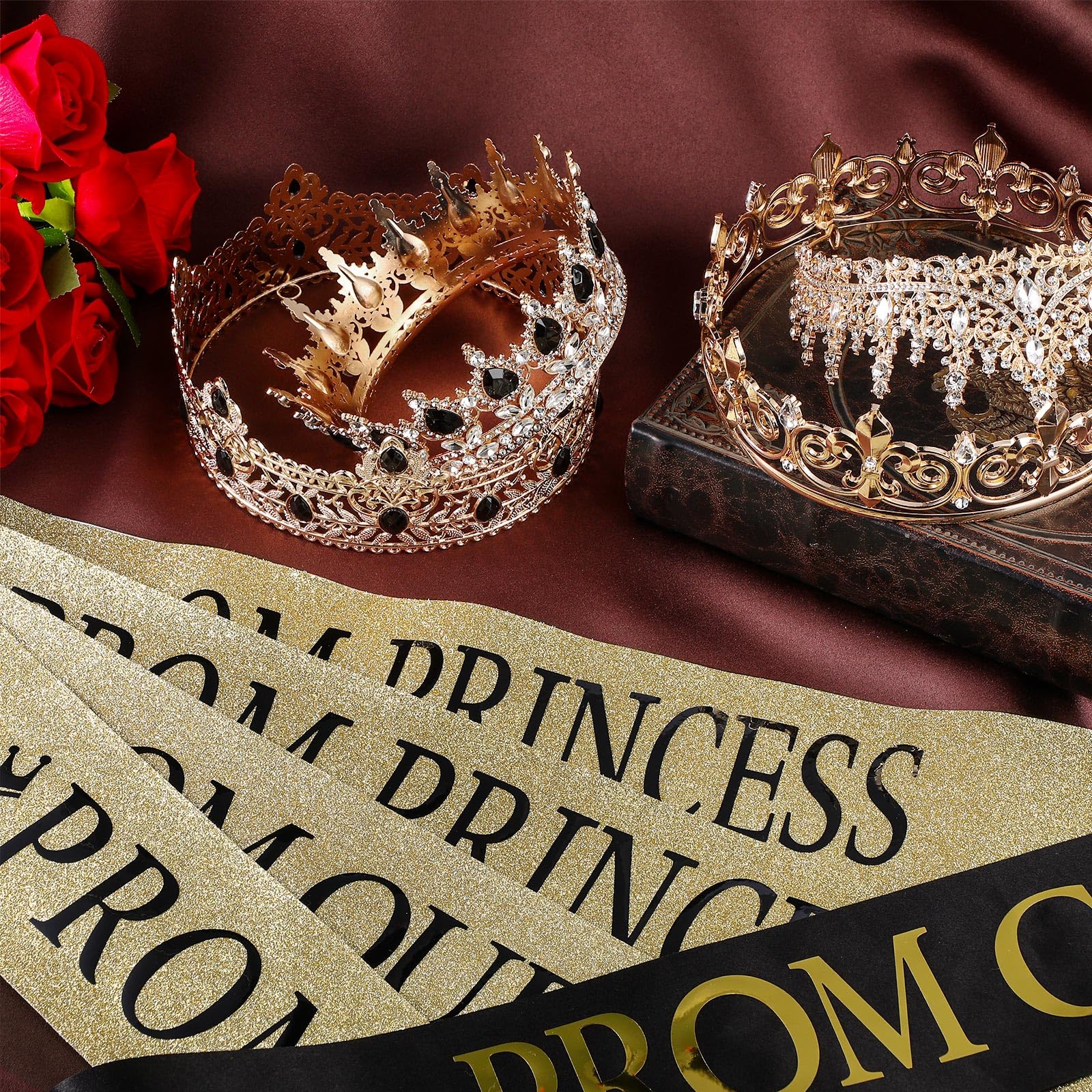 Saintrygo 16 Pcs Halloween Costume Prom King and Queen Crown Tiara Homecoming Prince Princess Prom Court Sash Favors Cosplay(Black,Exquisite Styles)