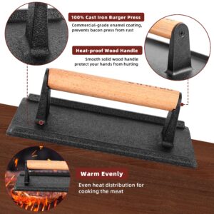 LWWTBS Burger Press Heavy-Duty Cast Iron Smashed Meat Steak Weight Grill Griddle Press (7" Round & 8.2"X4.3" Rectangle) with Wood Handle for Blackstone Griddle