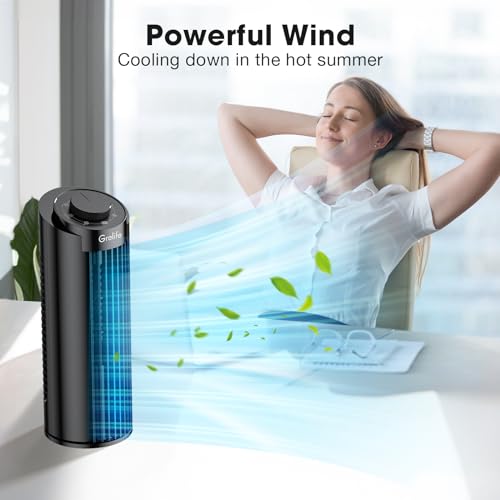 Grelife Tower Fan, 70° Oscillating Fan with 3 Speeds, Fast Cooling, Quiet Operation, Portable Bladeless Fan, 13" Desk Tower Fan for Bedroom Home Office Desktop