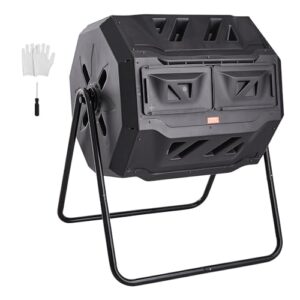 vevor compost bin, 43-gal dual chamber composting tumbler, large tumbling rotating composter with 2 sliding doors and steel frame, bpa free composter bin tumbler for garden, kitchen, yard, outdoor